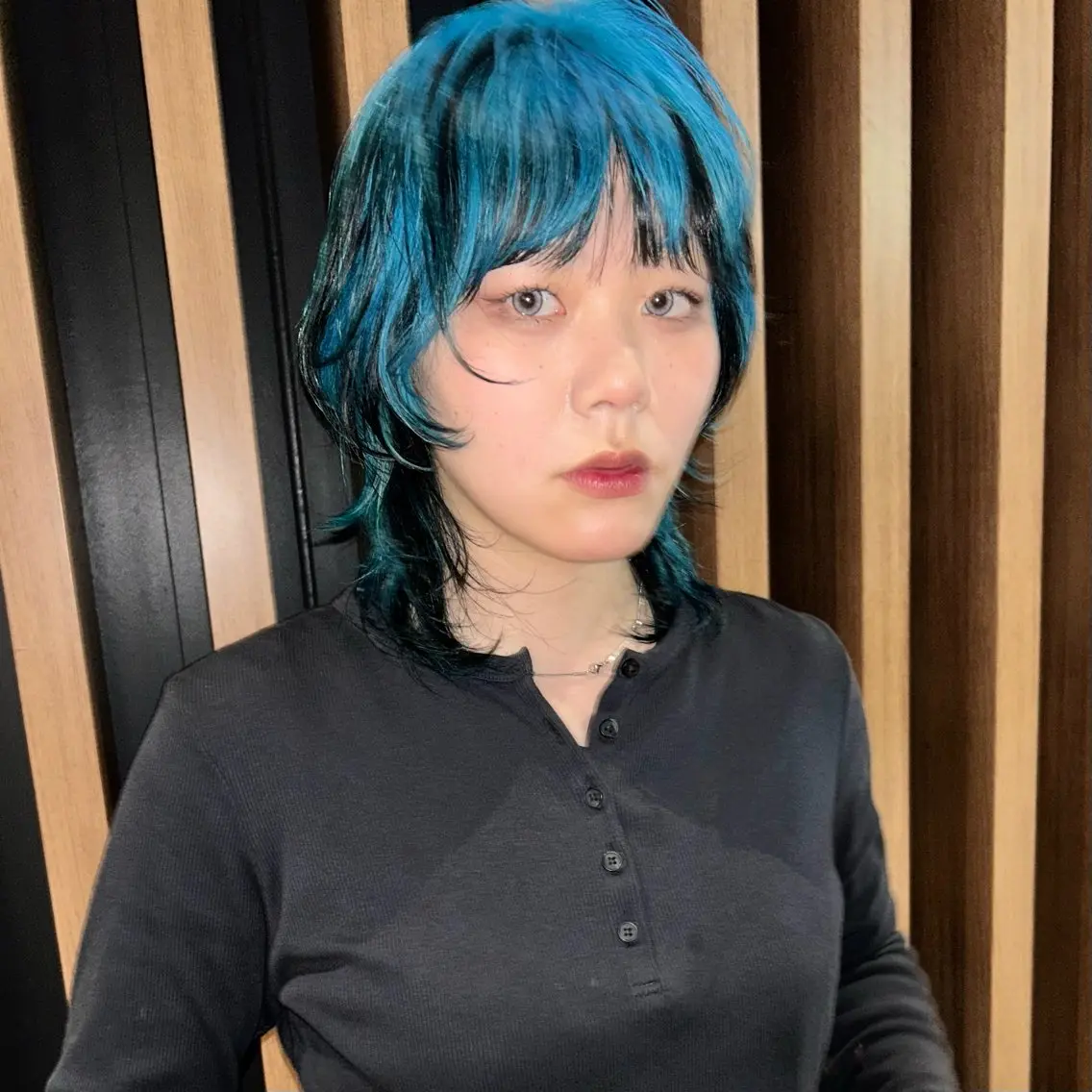 ミディアム カラー 黒髪 ブルーカラー ウルフカット カット ヘアカラー トリートメント ヘアセット ハイトーン/ブリーチ 似合せカット/パーマのヘアスタイル
