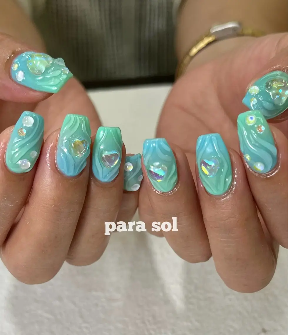 ネイル ジェルネイル ハート キラキラネイル 水色 パラジェル ハンドネイル フットネイル Para Sol nail　Maoのネイルデザイン