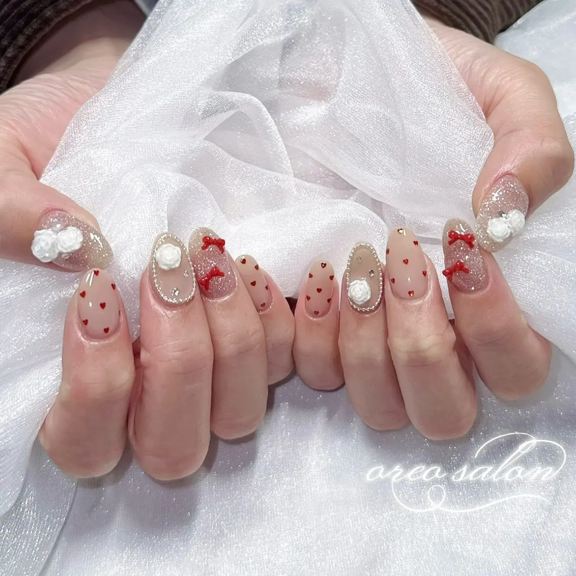 ネイル フラッシュネイル ジェルネイル ガーリー ハート キラキラネイル oreo salon miyu 池袋のネイルデザイン