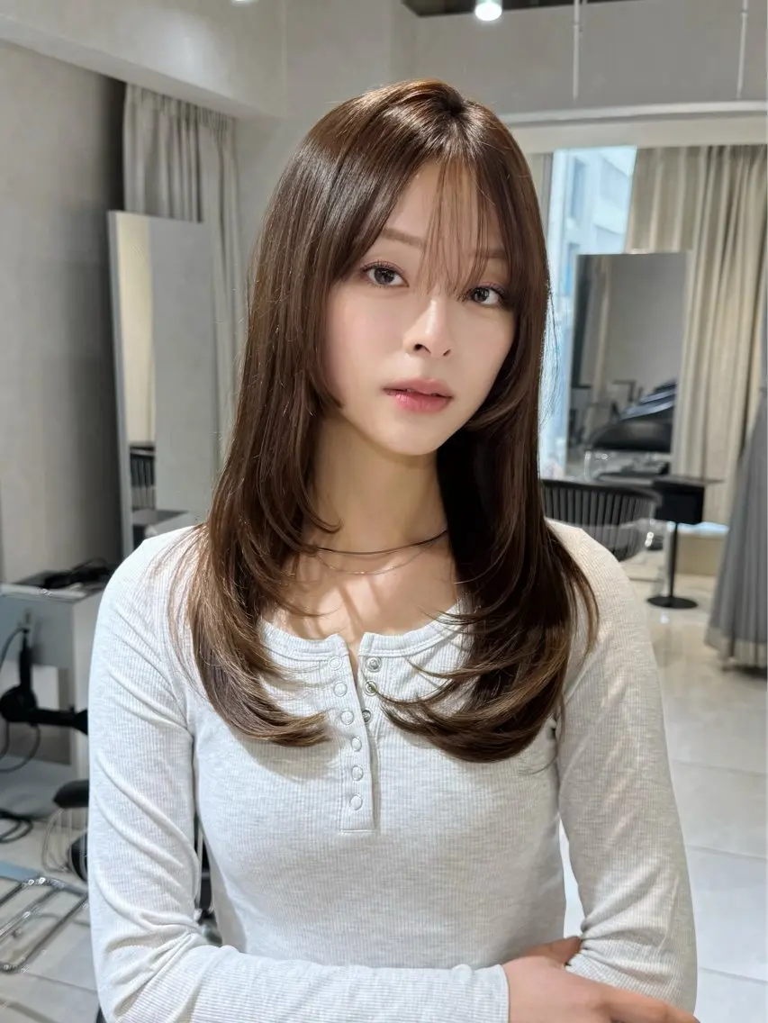 セミロング カラー 髪質改善ストレート 韓国風レイヤー池袋のヘアスタイル
