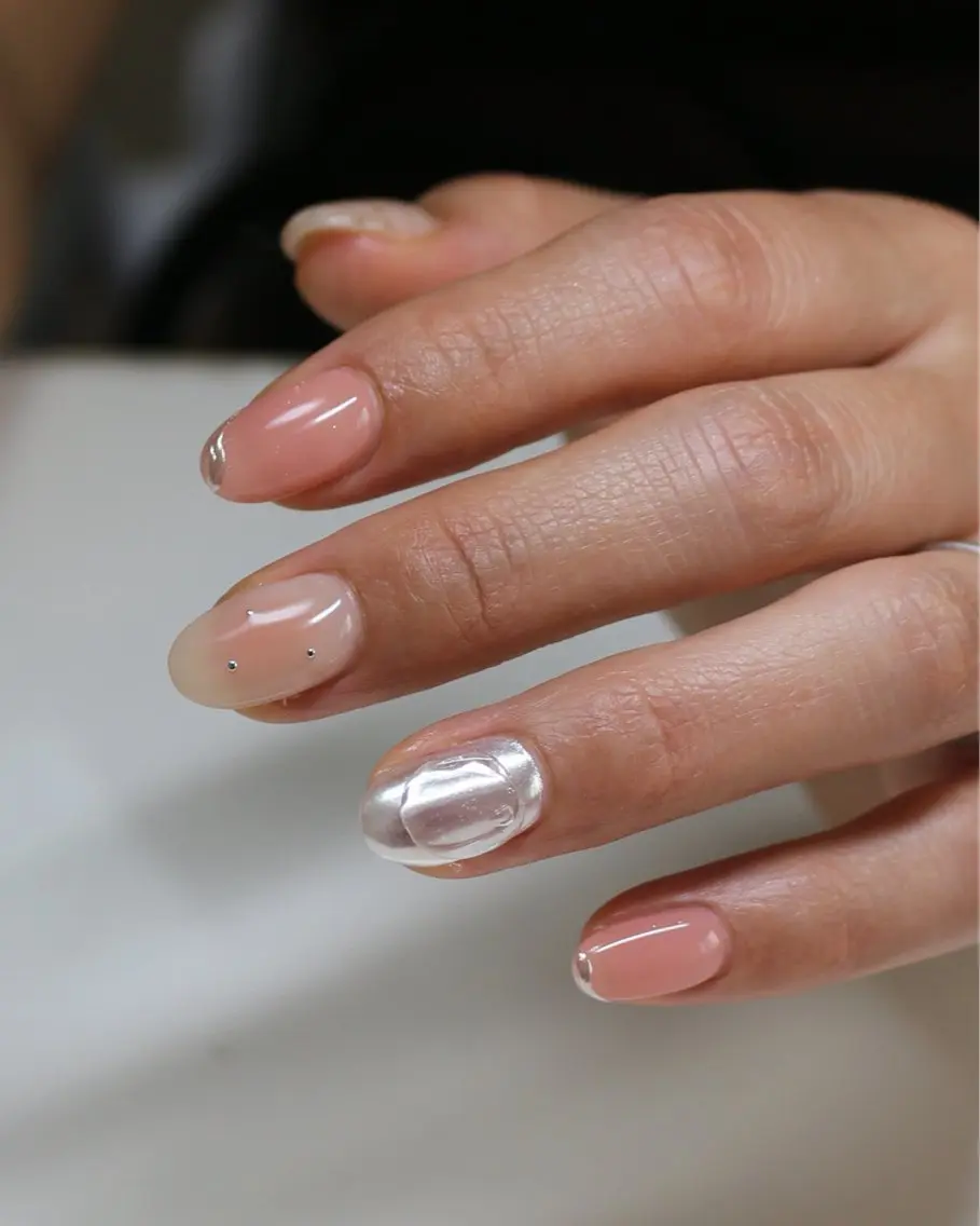 ネイル チークネイル ミラーネイル ニュアンスネイル オレンジ ピンク ハンドネイル Baku Nailsのネイルデザイン
