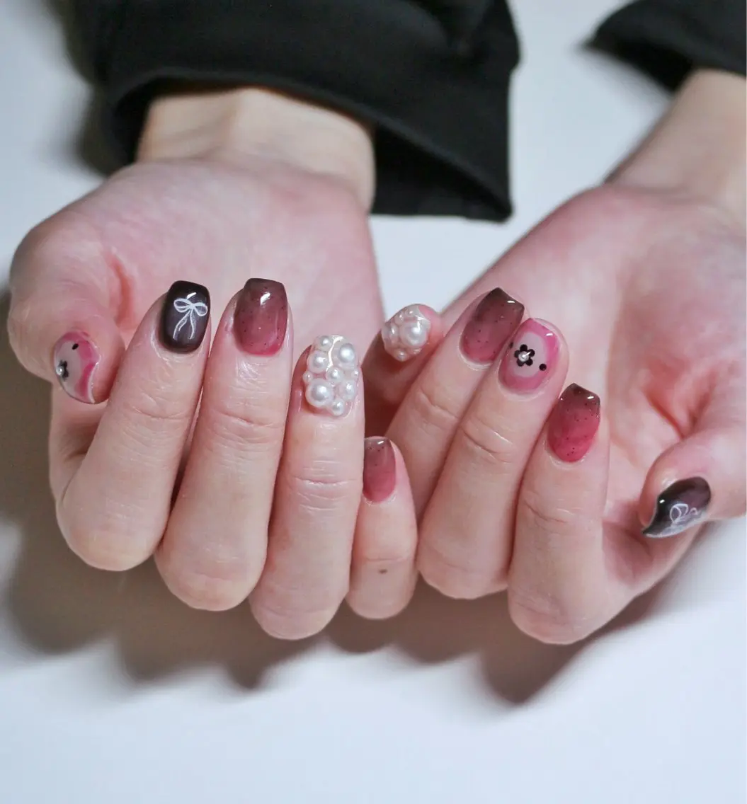 ネイル フラワーネイル 韓国ネイル ピンク リボン ワンホンネイル ハンドネイル Baku Nailsのネイルデザイン