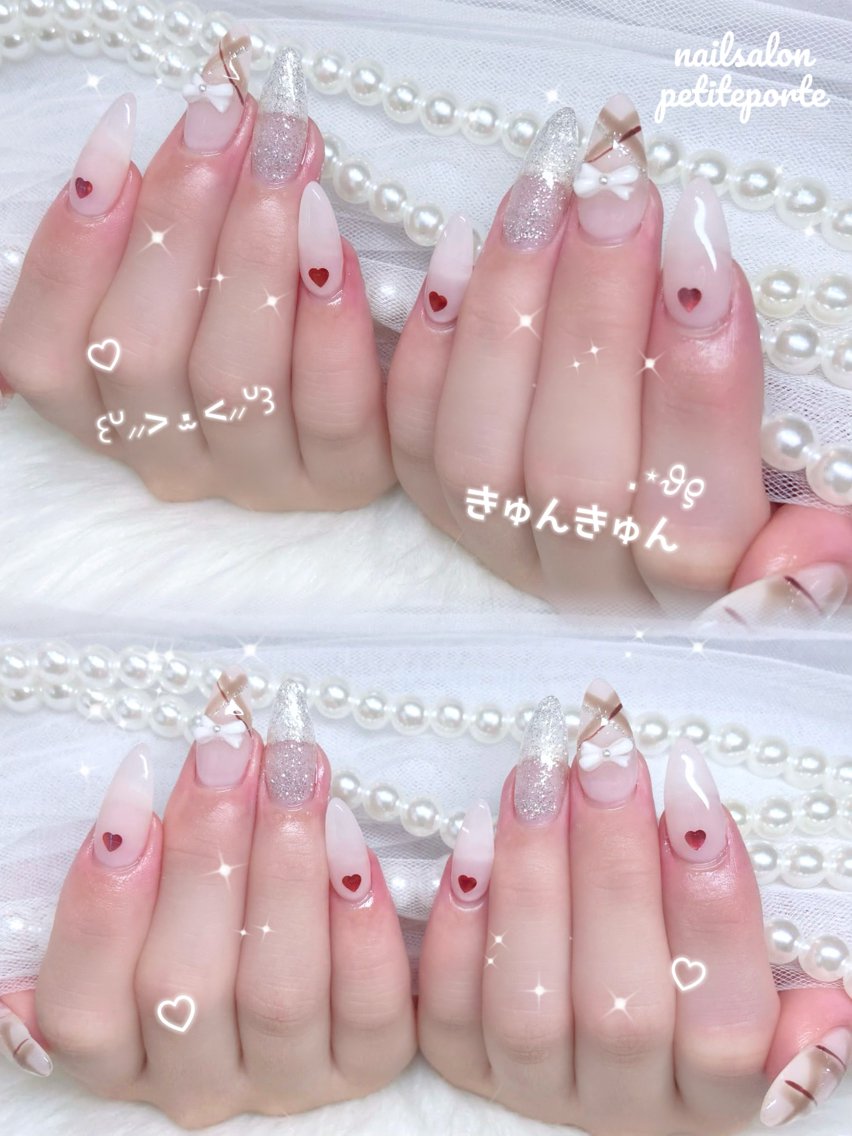 ネイル ガーリー ハート 氷ネイル・うるうるネイル ラメ(グリッター) ピンク ハンドネイル petite porteのネイルデザイン