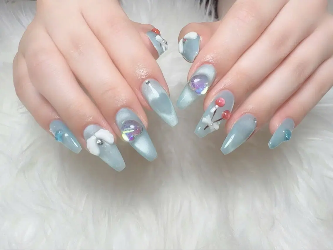 ネイル ブルー フットネイル フレンチネイル 韓国ネイル マグネットネイル ハンドネイル ハンドケア Hara Nail 【持ち込みOK】のネイルデザイン