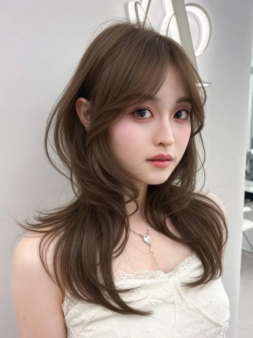 ロング ロングレイヤー 韓国風ヘア レイヤーカット ロング 小顔カット 韓国ヘア／レイヤー／ 顔周り🎀もかのヘアスタイル