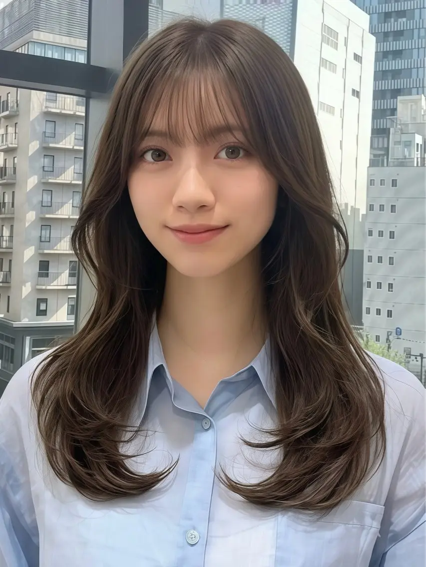 セミロング ケアカラー 髪質改善 韓国風ヘア レイヤーカット 小顔カット ヘアカラー トリートメント 吉川 友稀のヘアスタイル