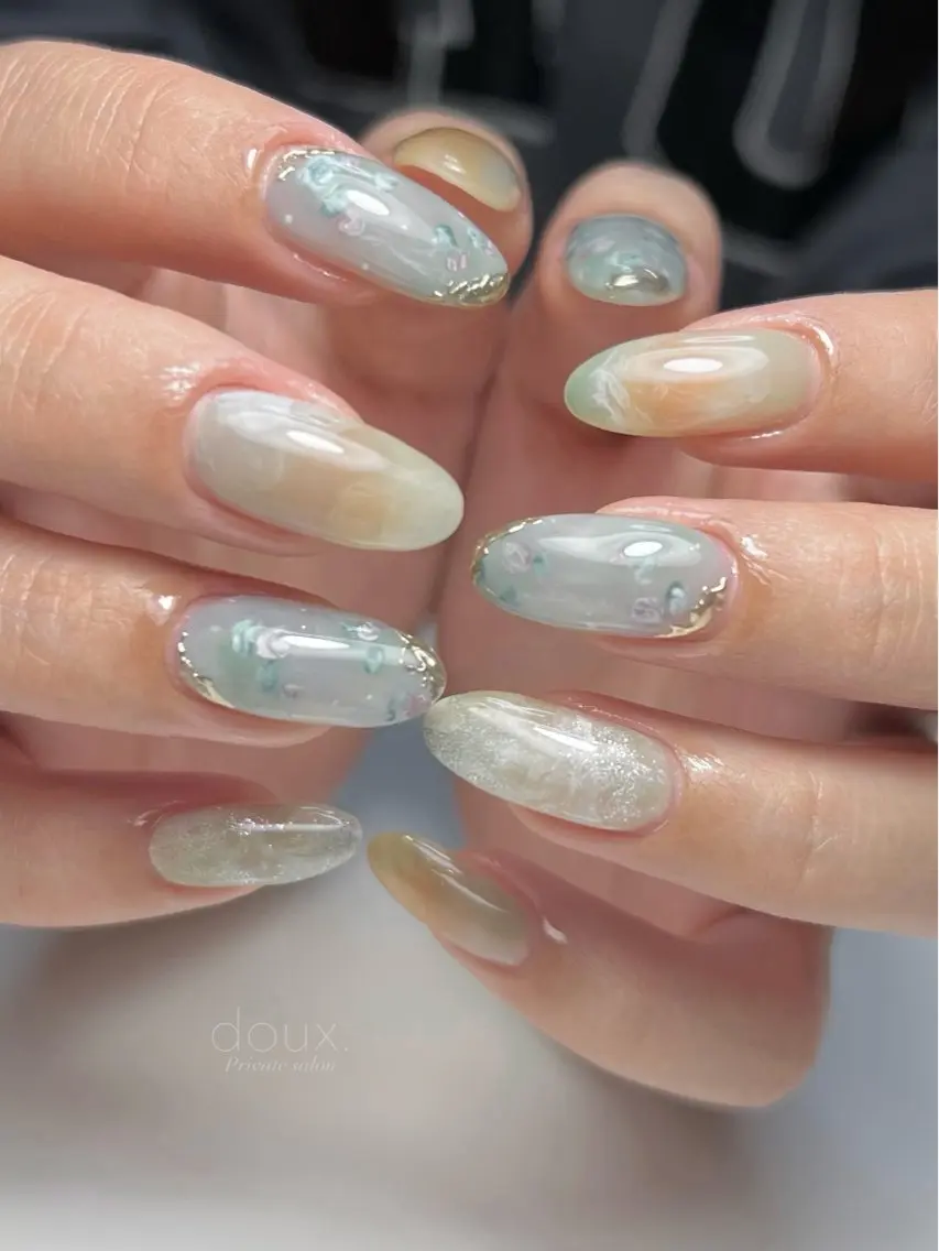 ネイル 韓国ネイル ミラーネイル 夏ネイル doux. nailのネイルデザイン