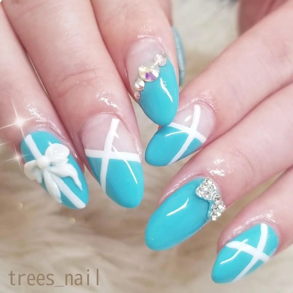 ネイル ブルー ジェルネイル パラジェル リボン ハンドネイル フットネイル trees_ nailのネイルデザイン