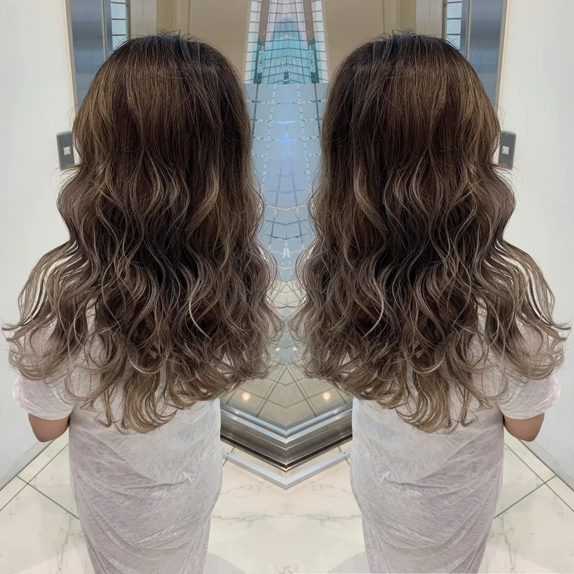 セミロング カラー バレイヤージュ レイヤーカット カット ヘアカラー ブリーチ/バレイヤ ージュ川端裕司のヘアスタイル