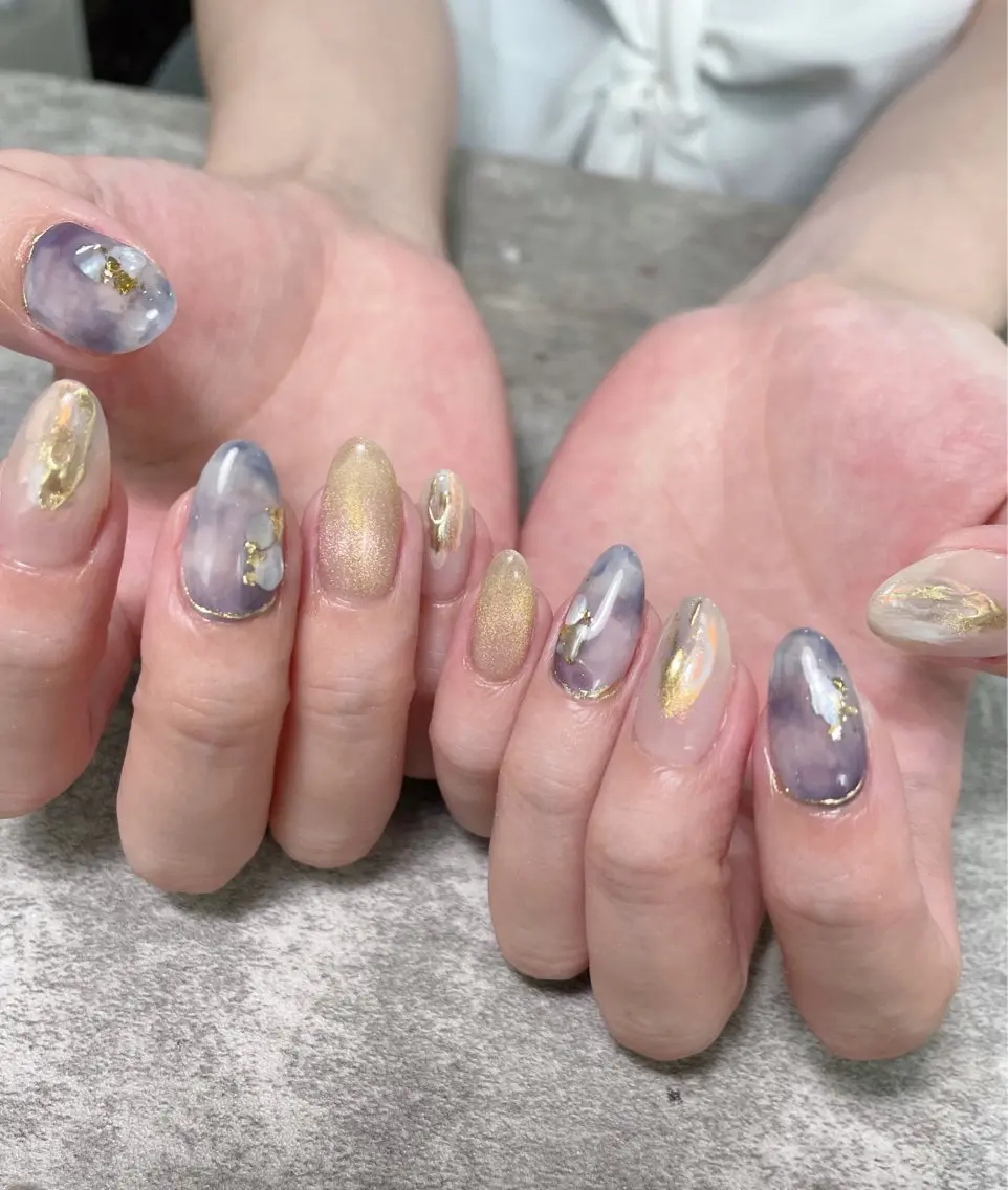 ネイル ブルー マグネットネイル 大理石ネイル(マーブル) ニュアンスネイル ハンドネイル ma riのマツエク・マツパデザイン