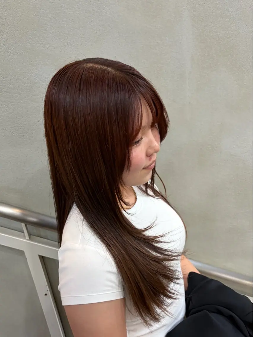 ロング オレンジブラウン 顔周りカット レイヤーカット Kei × 似合わせカット募集中のヘアスタイル