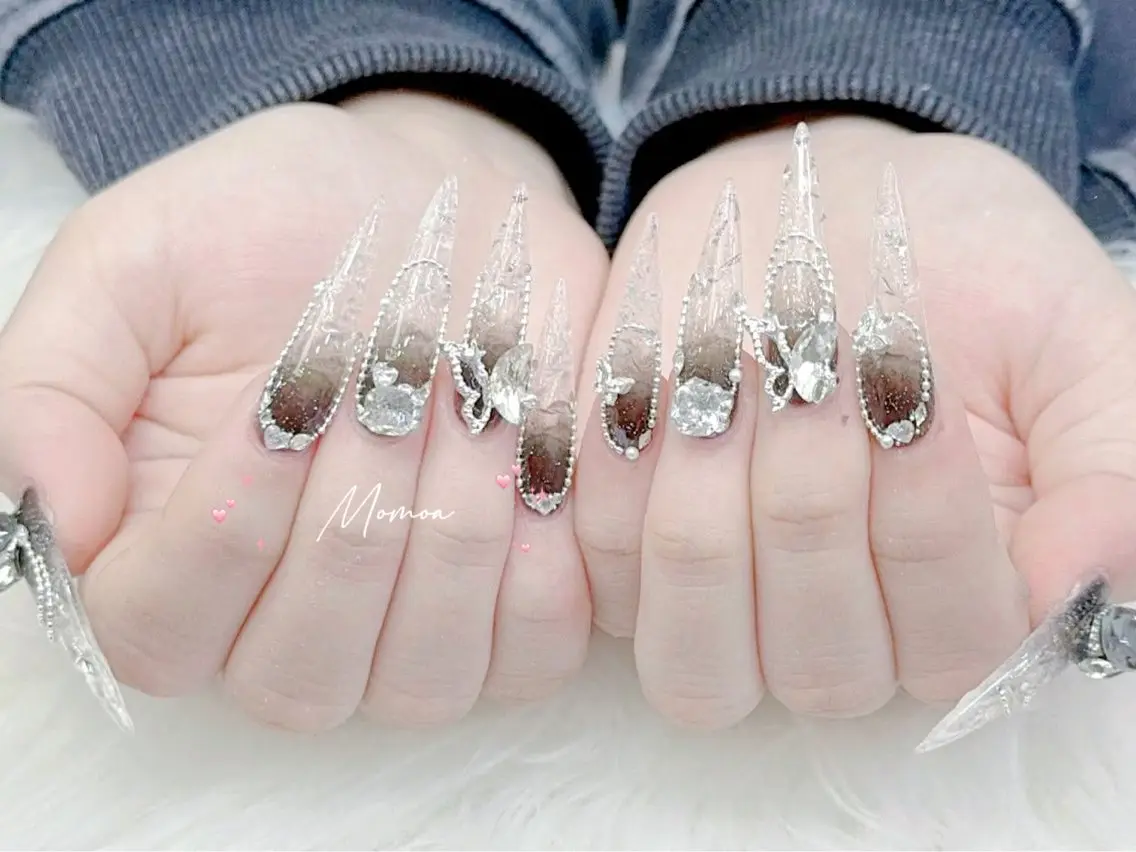 ネイル 成人式 大理石ネイル(マーブル) リボン 夏ネイル ネイルチップ ハンドネイル MoMoA Nail ネイル長さ出し専門店のネイルデザイン