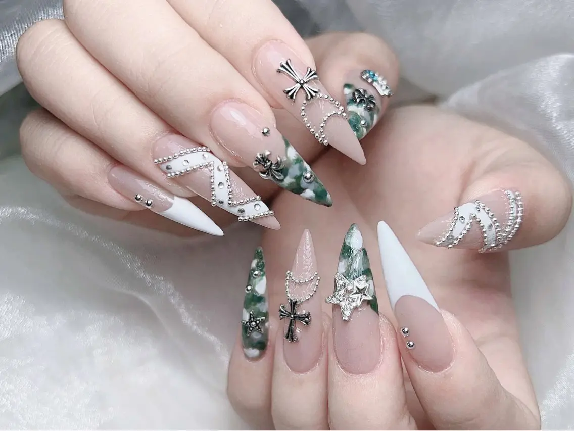 ネイル 成人式 大理石ネイル(マーブル) リボン 夏ネイル ネイルチップ ハンドネイル MoMoA Nail ネイル長さ出し専門店のネイルデザイン