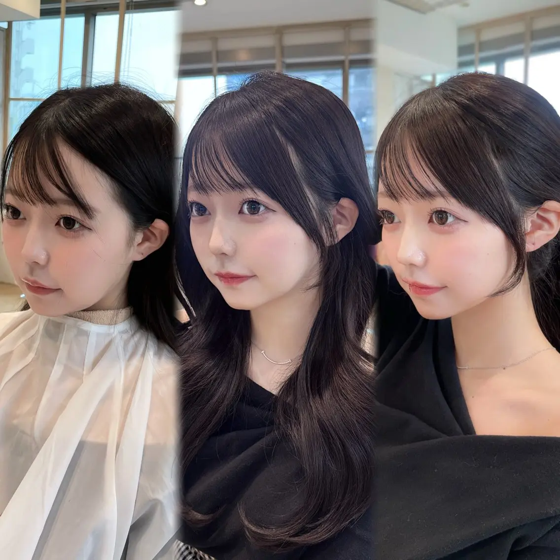 セミロング カット ヘアカラー 表参道小顔カット前髪 割れ改善クロスパーマのヘアスタイル
