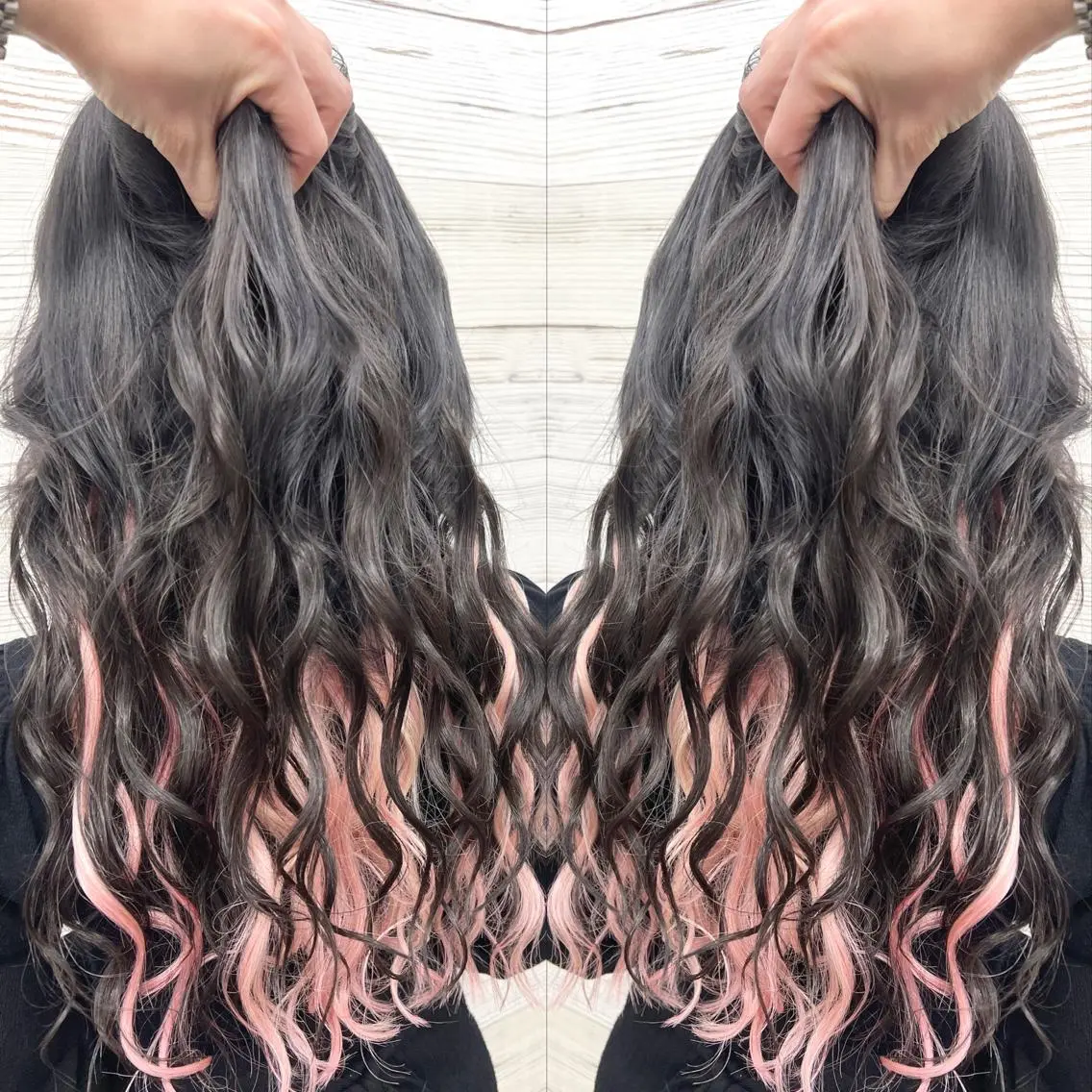 ロング カラー ヘアアレンジ 黒髪 ピンクカラー エクステ ヘアカラー エクステ 枝毛カット&髪質改善 満足NO.1岡しゃんのヘアスタイル