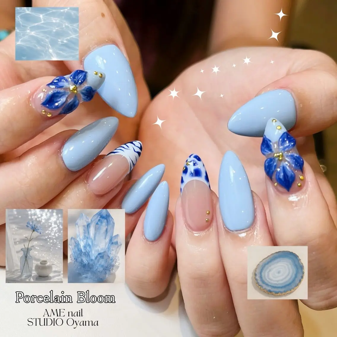 ネイル ブルー フラワーネイル パステルネイル ハンドネイル ハンドケア AME NAIL STUDIO小山店のネイルデザイン