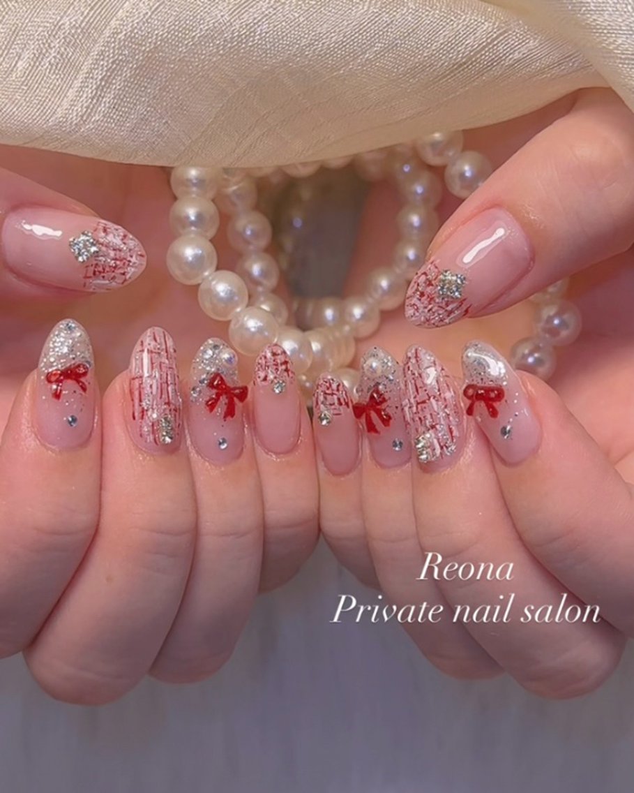 ネイル ピンク リボン ツイードネイル 冬ネイル ハンドネイル Reona Nailのネイルデザイン