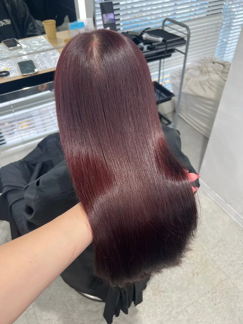 ロング カラー ブリーチ 髪質改善 トリートメント ヘアカラー 💗愛され暖色💗 ピンク/レッド💗のヘアスタイル