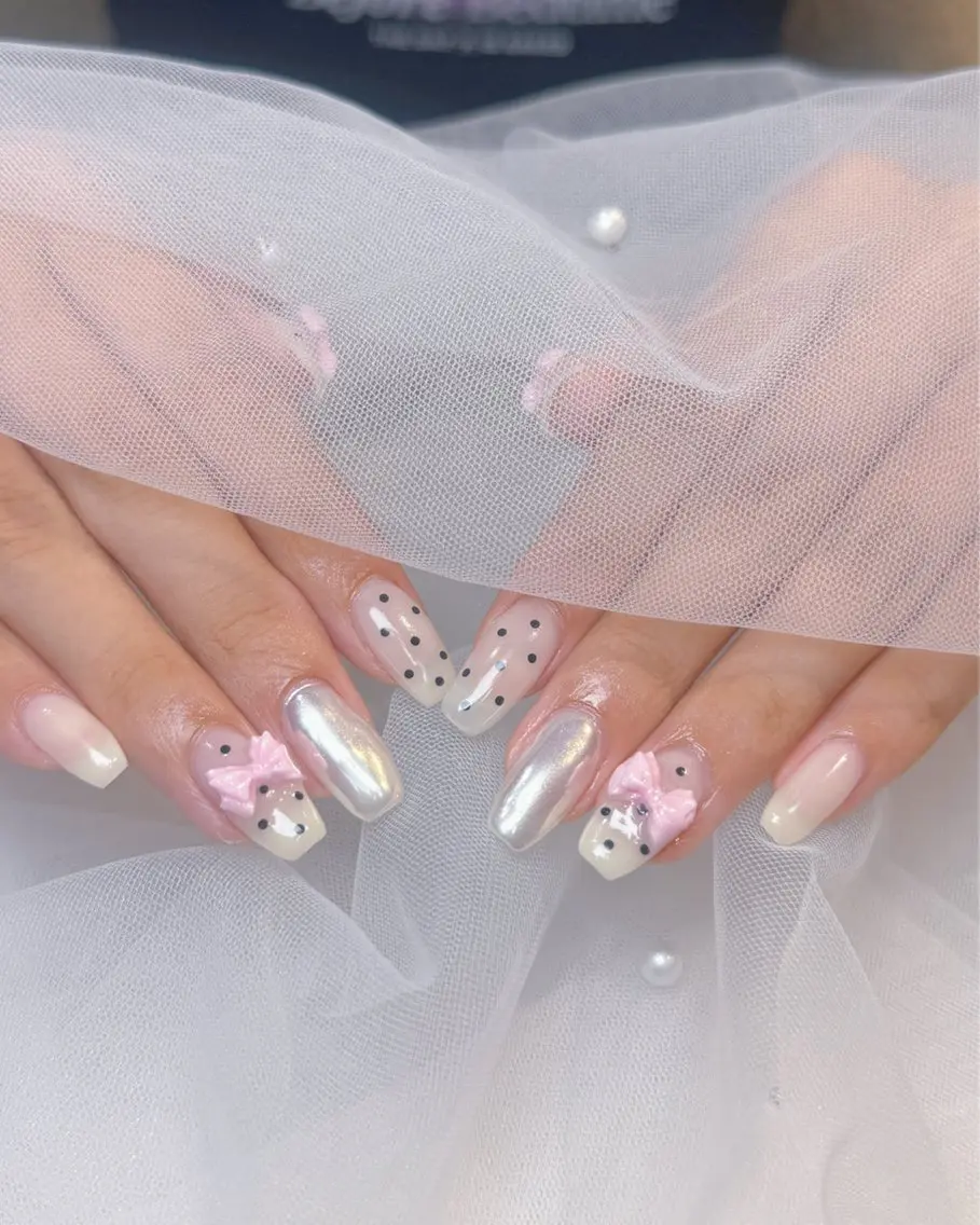 ネイル ドット 韓国ネイル リボン ワンホンネイル Reauty Nailのネイルデザイン