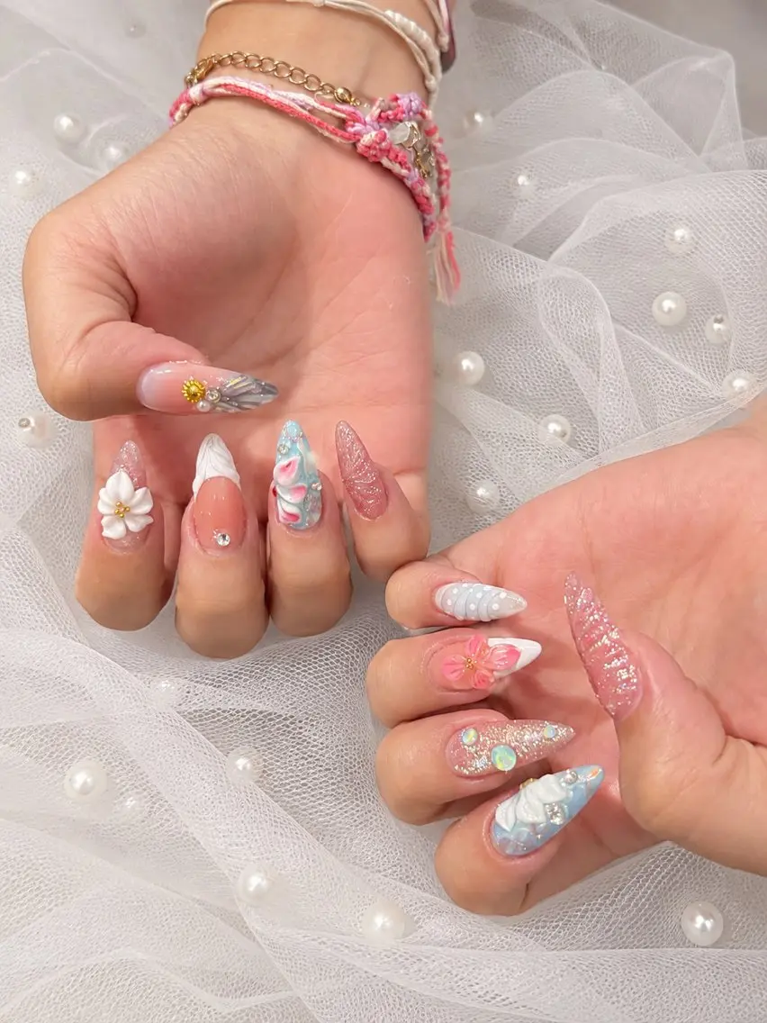 ネイル アートネイル ブルー クリアネイル 長さ出し フラワーネイル ハンドネイル ハンドケア Min nail サロン渋谷のネイルデザイン