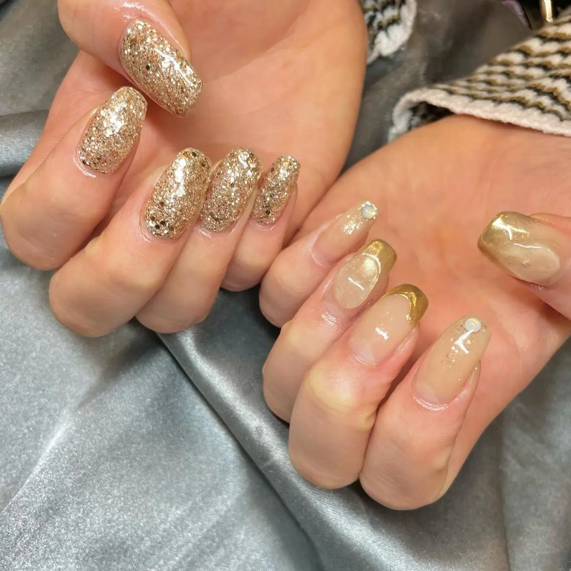 セミロング カラー パーマ ヘアアレンジ メンズ キッズ ネイル マツエク・マツパ アイブロウ ベージュカラー クリアネイル ラメ(グリッター) el. by Aoのネイルデザイン