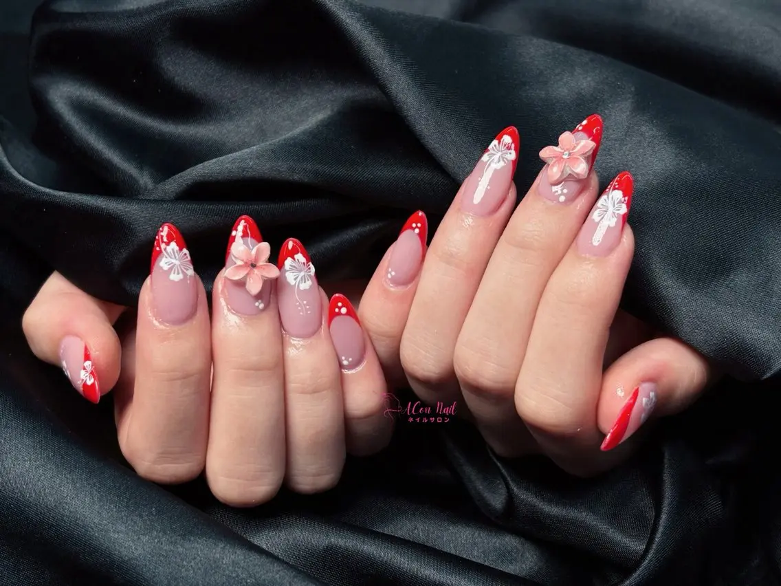 ネイル 桜ネイル 長さ出し フラワーネイル フレンチネイル ジェルネイル ハンドネイル ACon NailSalonのネイルデザイン