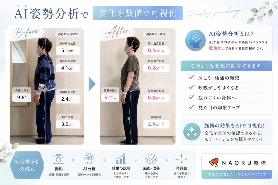 【AI姿勢チェック×全身整体】姿勢や体の動きを確認し、お体に合わせた施術をご案内☆メニュー選びに迷っている方におすすめ◎の写真