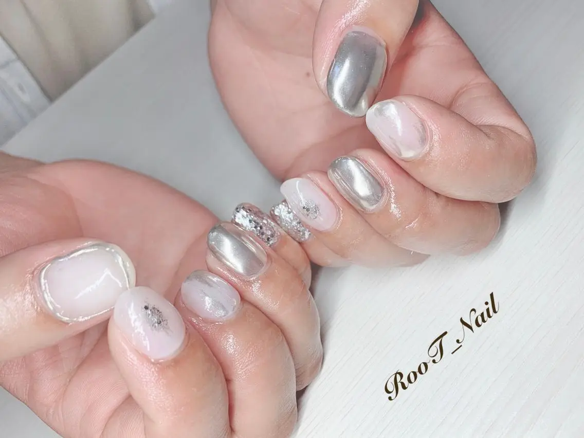 メンズ キッズ ネイル ミラーネイル ホワイト ハンドネイル RooT Nailのネイルデザイン