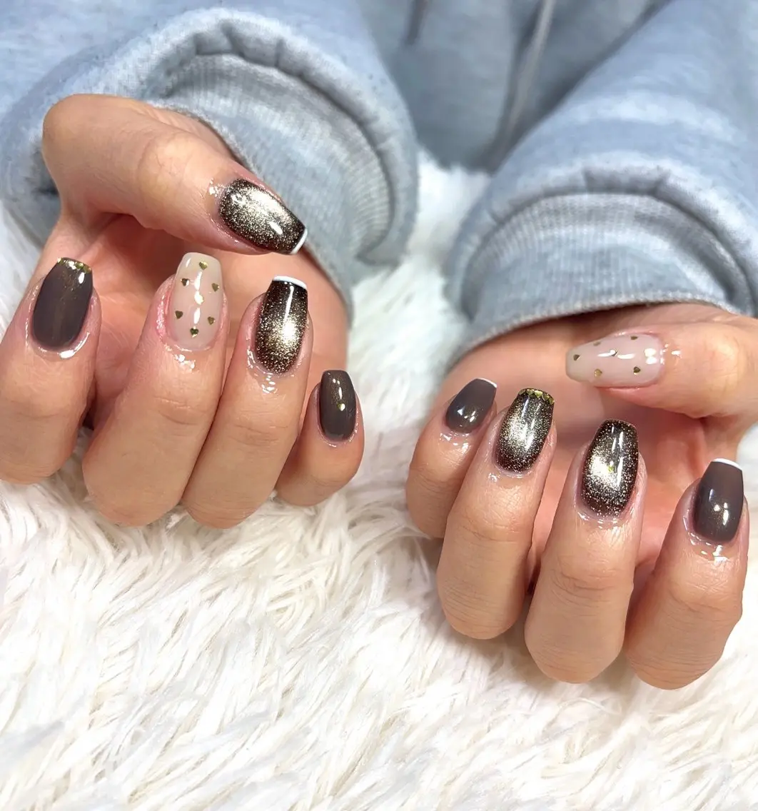 ネイル ブラウン ハート バレンタイン 冬ネイル ハンドネイル LUANA n'sのネイルデザイン