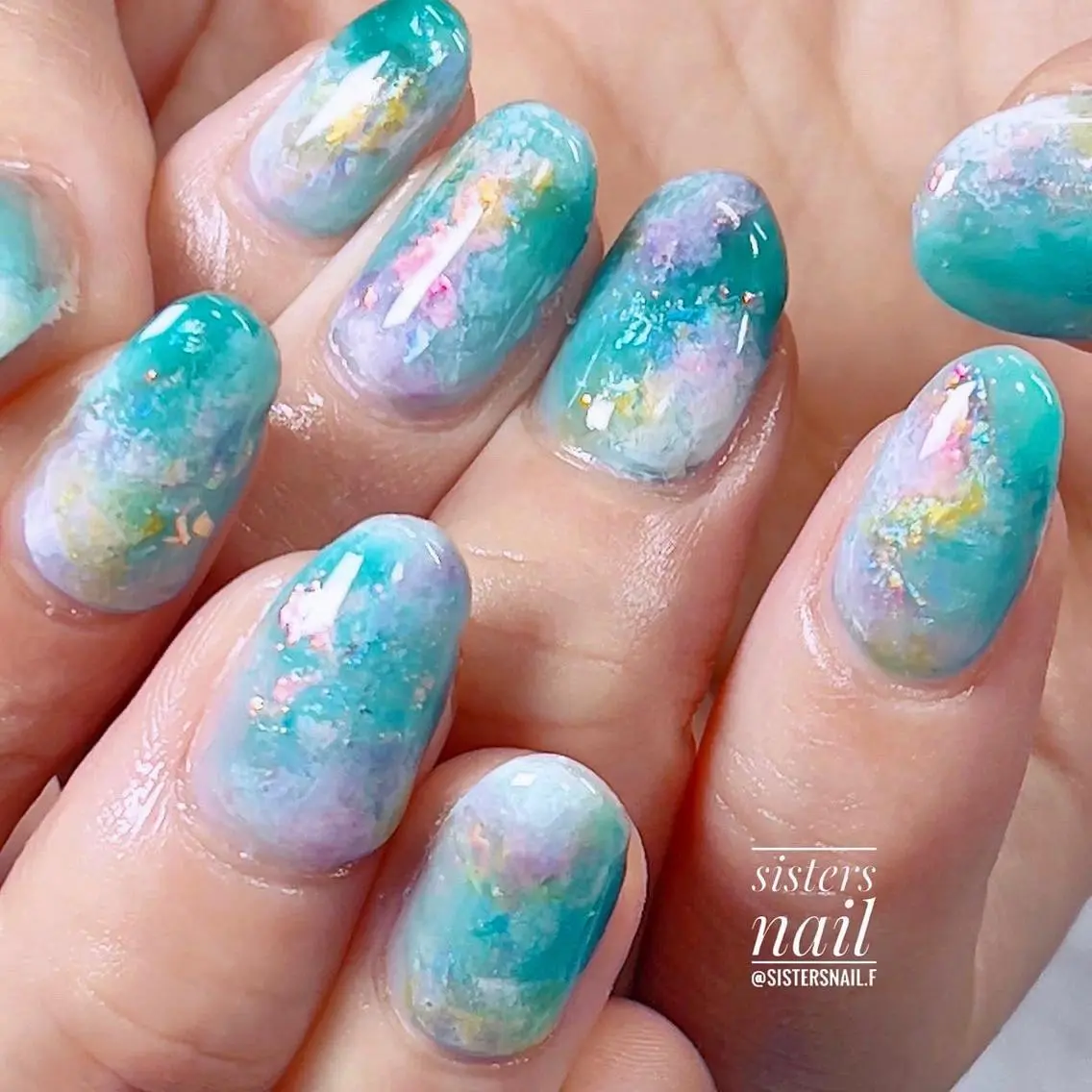 ネイル アートネイル ブルー キラキラネイル ピンク 夏ネイル sisters nail.fのネイルデザイン