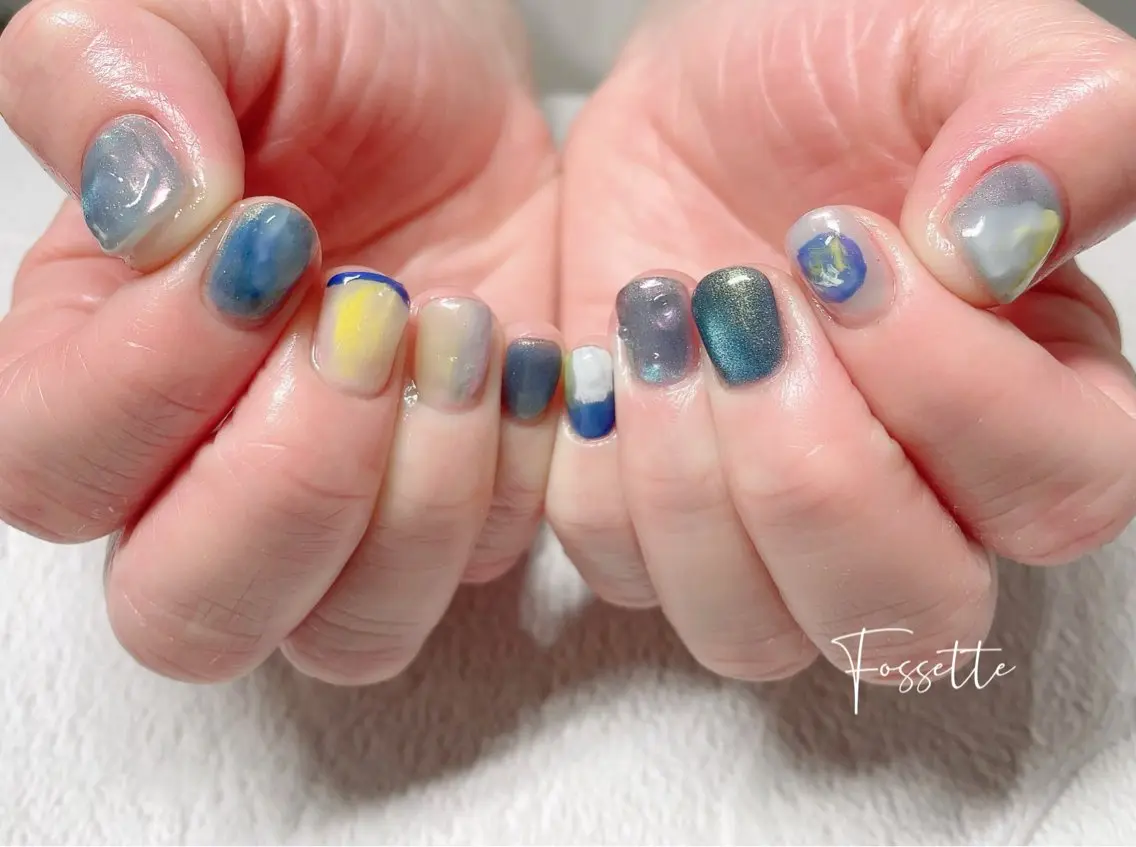 ネイル オーロラネイル マグネットネイル ニュアンスネイル ぷっくりネイル ショートネイル ハンドネイル nailsalon Fossetteのネイルデザイン