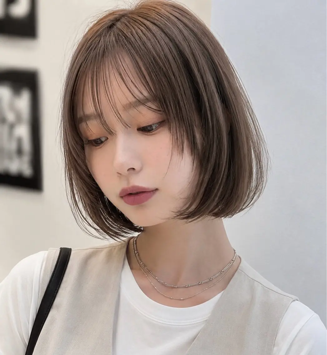 ミディアム ボブ 髪質改善 韓国風ヘア レイヤーカット 縮毛矯正 カット ヘアカラー 髪質改善/レイヤー/ 佐藤　舞🌷🫧のヘアスタイル
