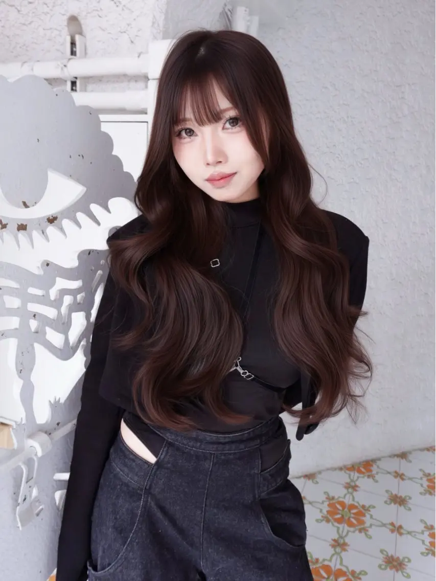 ロング ハッシュカット ハイレイヤー レイヤーカット ロング ワンホンヘア カット ヘアカラー トリートメント 表参道/透明感カラー 韓国ヘア長田雄希のヘアスタイル