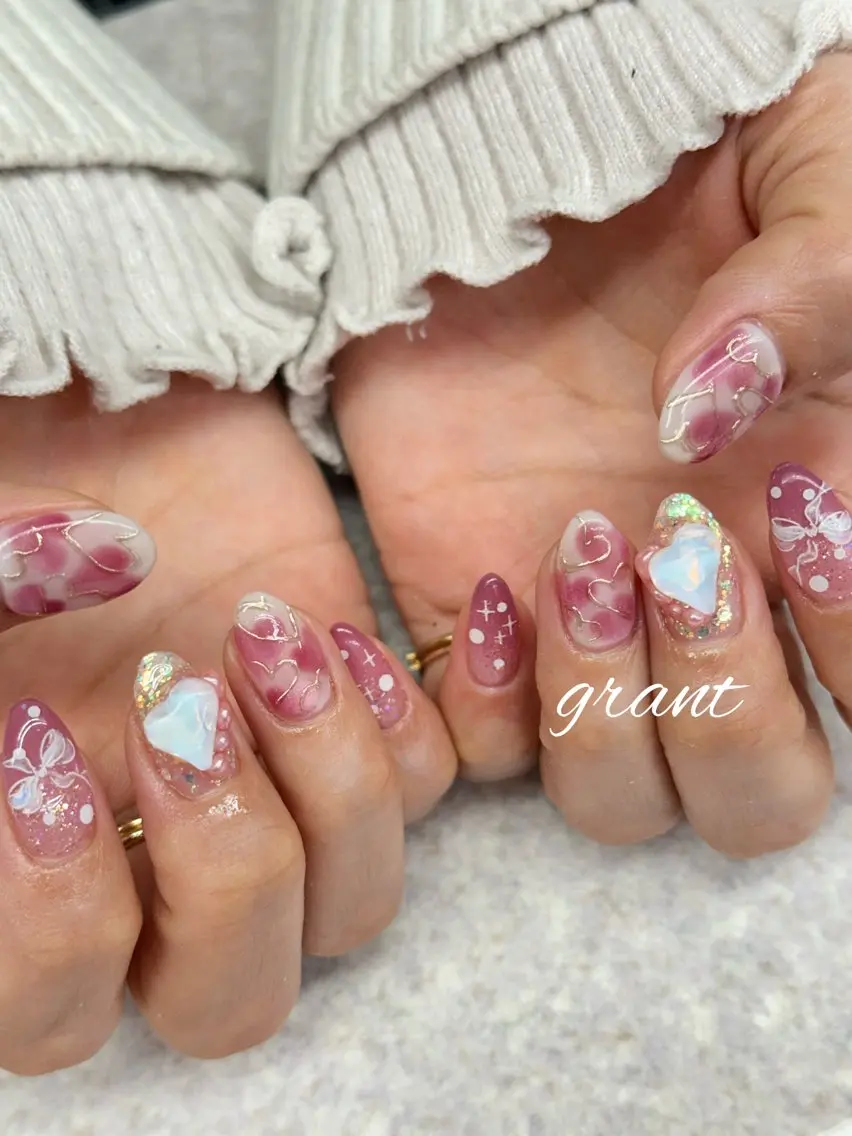 ネイル ハート ミラーネイル 春ネイル ハンドネイル nailsalon grantのネイルデザイン