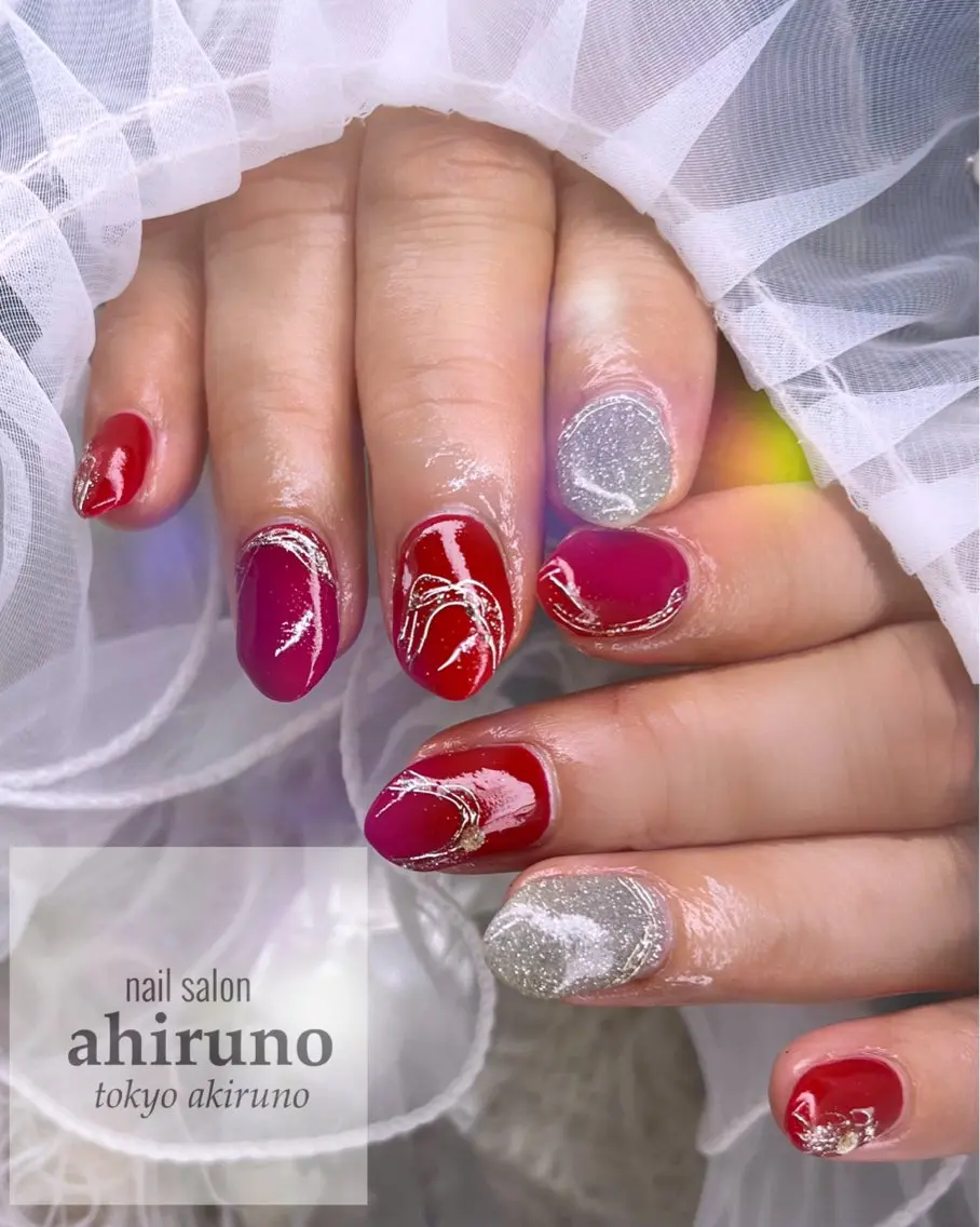 ネイル 赤色 シンプルネイル ハンドネイル 東京あきる野市ネイル ✿ ｙｕiのネイルデザイン