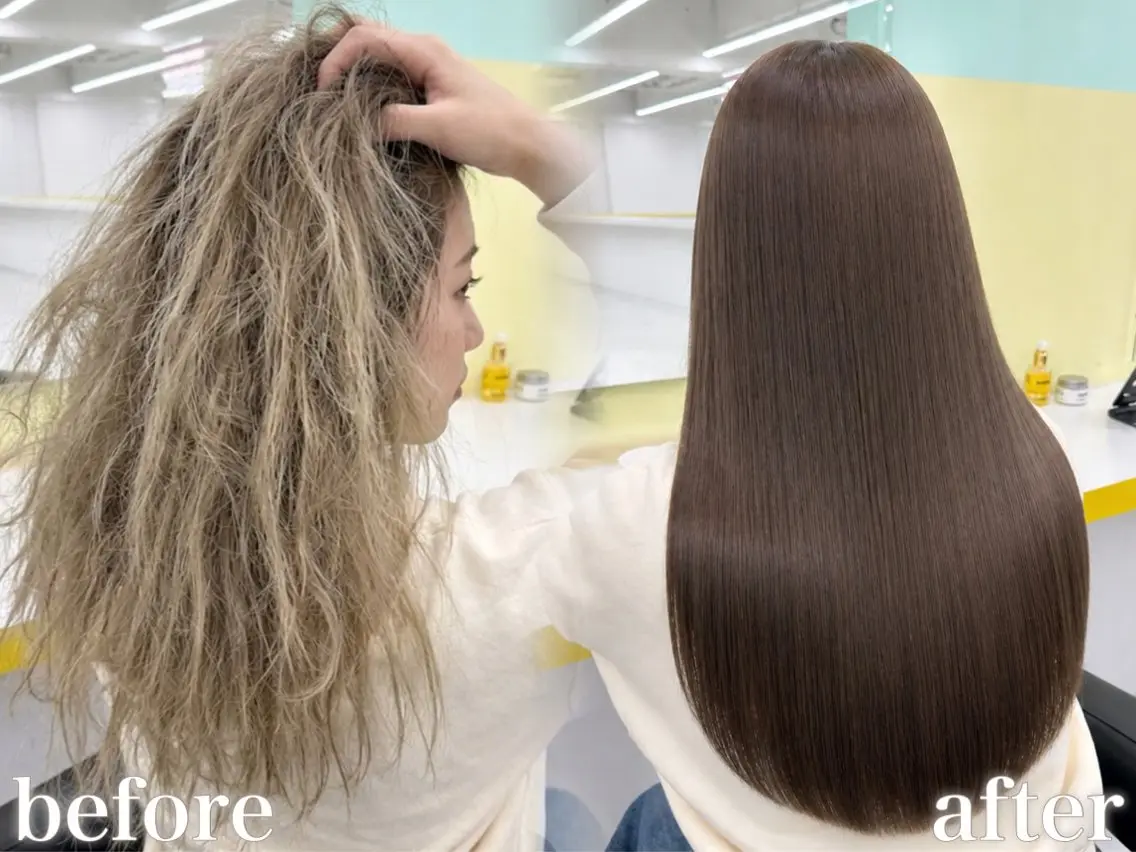 ロング カラー カット 縮毛矯正 トリートメント ブリーチ縮毛矯正飛我 韓国ヘア🫧のヘアスタイル