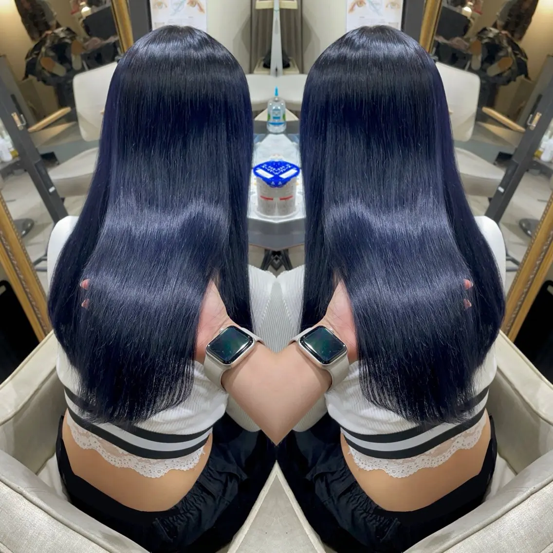 ロング カラー 黒髪 ブルーカラー ブルーブラック ダブルカラー ネイビーカラー ヘアカラー 🦋美髪/エクステ 🦋アベイクミのヘアスタイル
