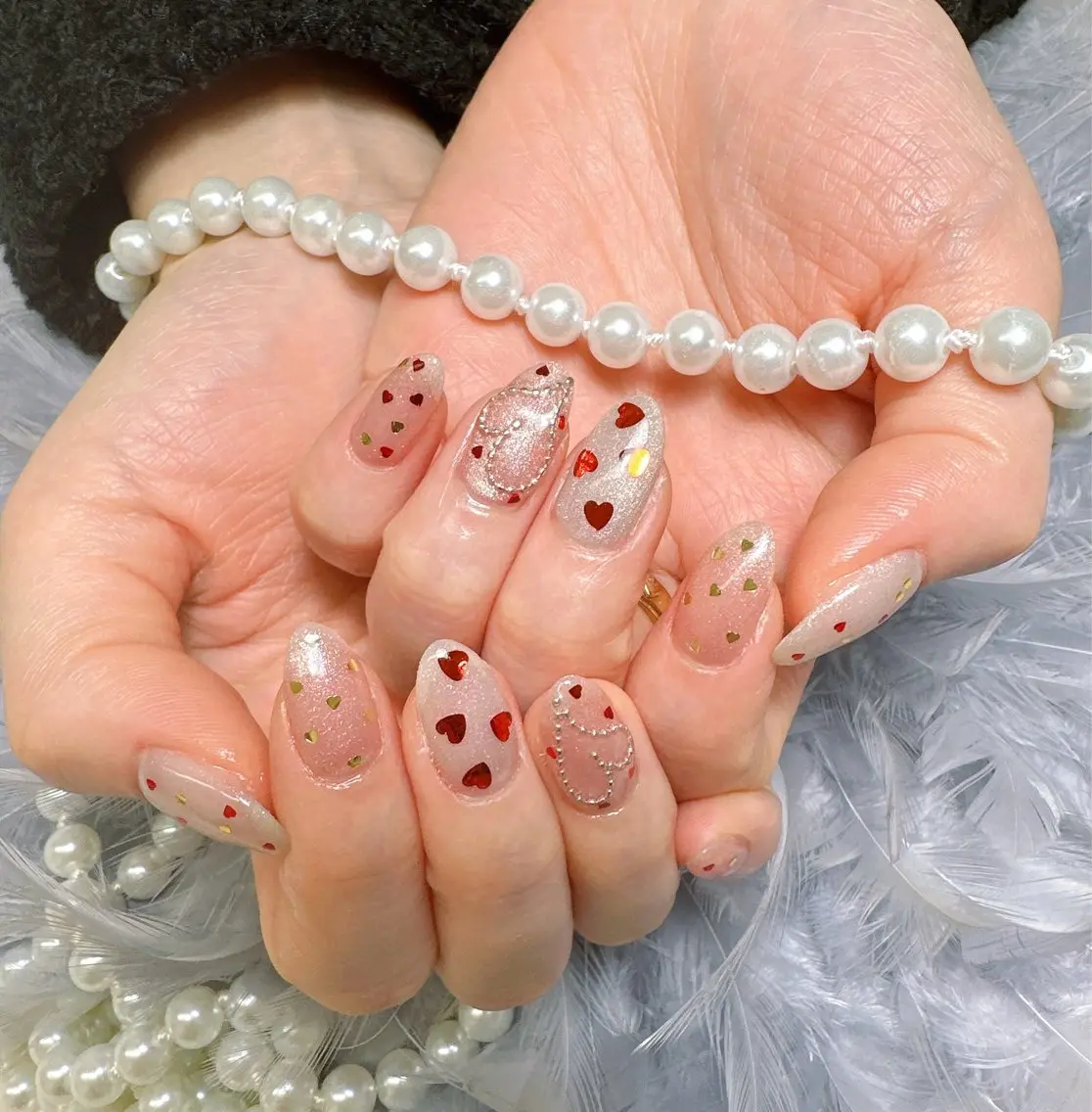 ネイル ハート リボン バレンタイン ハンドネイル Pretty Nail Salonのネイルデザイン