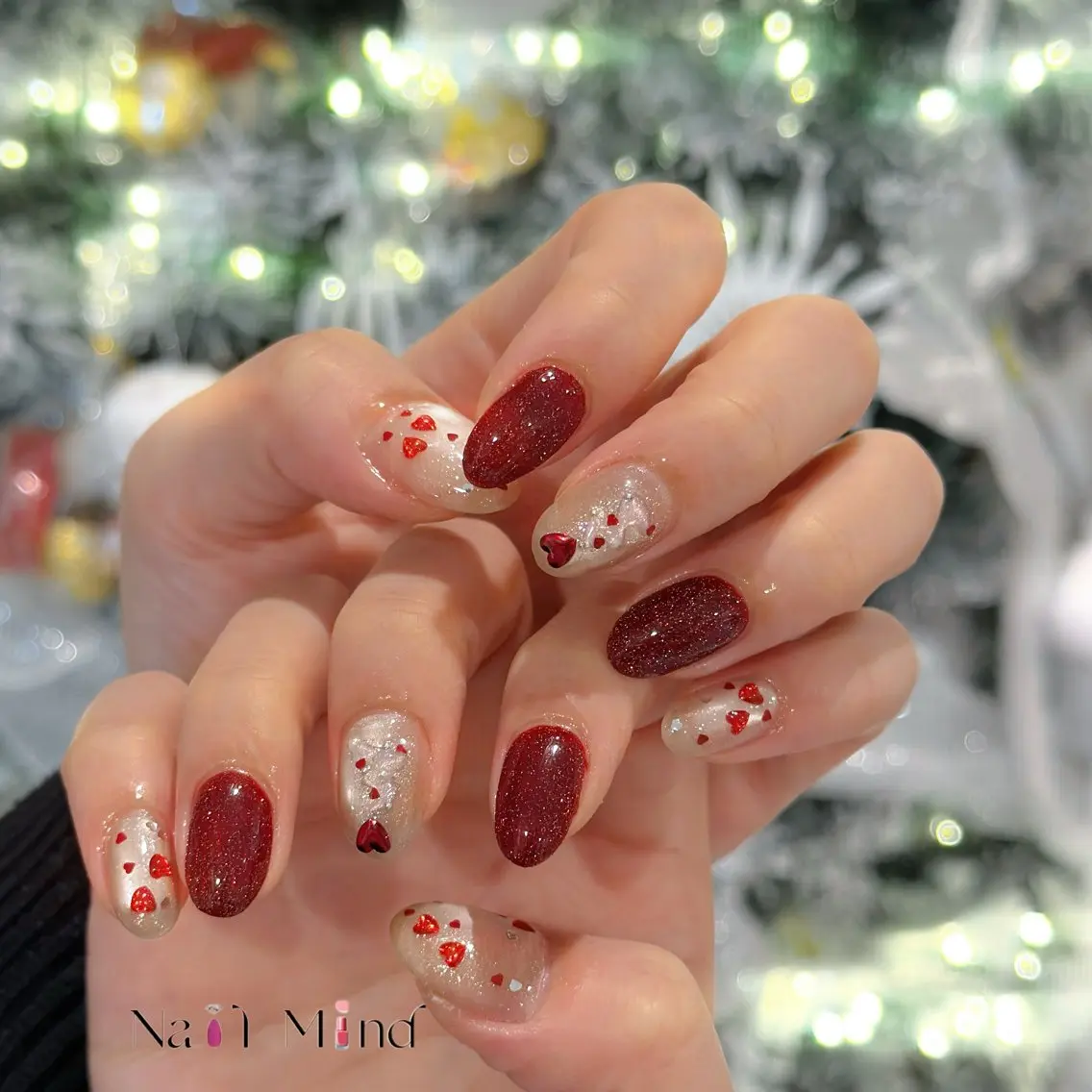 ネイル ボルドー ハート ラメ(グリッター) ハンドネイル NailMind Tokyoのネイルデザイン