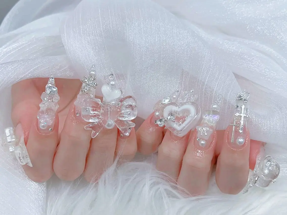 ネイル 成人式 大理石ネイル(マーブル) リボン 夏ネイル ネイルチップ ハンドネイル MoMoA Nail ネイル長さ出し専門店のネイルデザイン