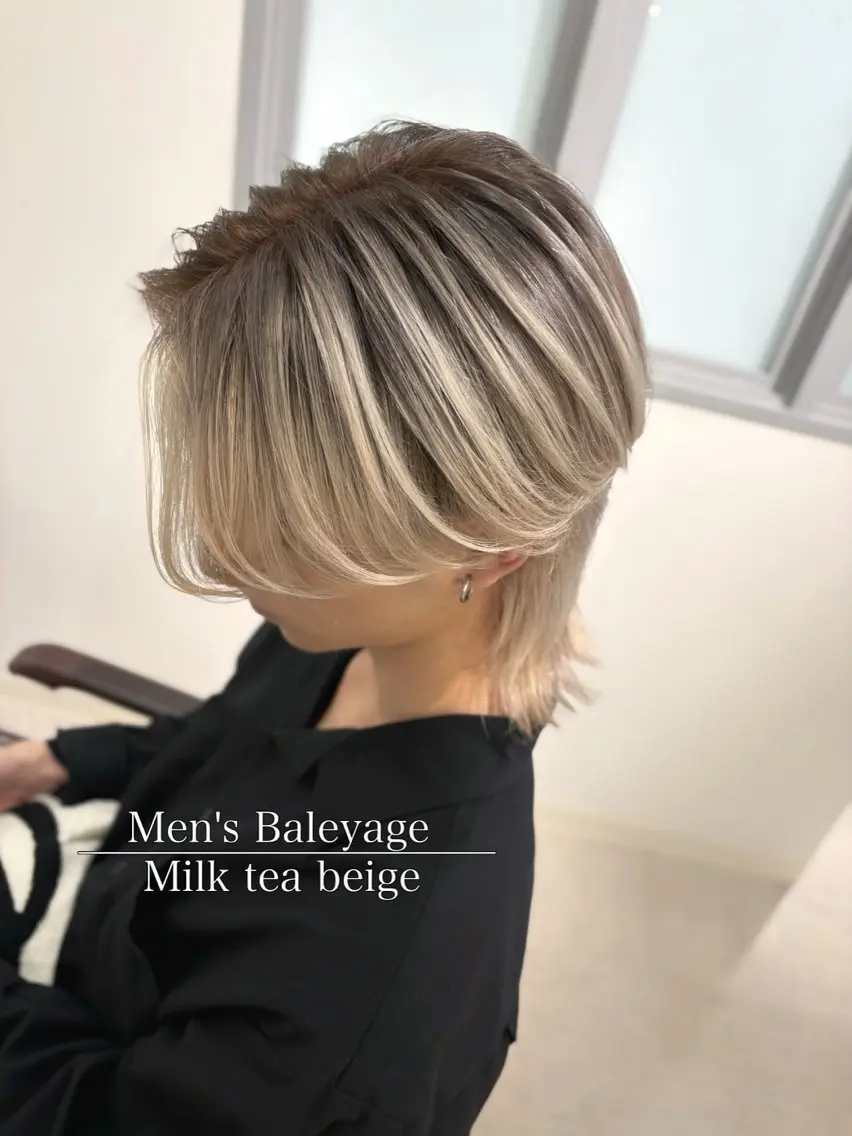 セミロング カラー メンズ メンズバレイヤージュ メンズハイライト メンズハイトーン メンズ韓国風 バレイヤージュ カット ヘアカラー トリートメント 2ヶ月も綺麗に /星野六三四のヘアスタイル