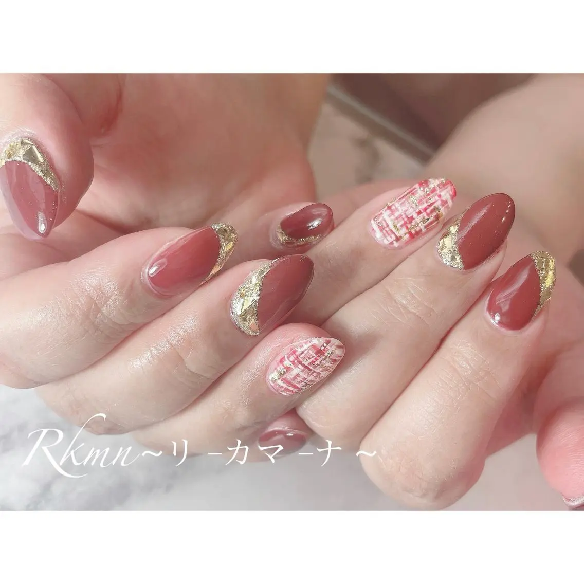 ネイル アートネイル ボルドー フレンチネイル ガラスフレンチ 春ネイル ハンドネイル フットネイル ハンドケア Rkmn ~リ-カマ-ナ~のネイルデザイン