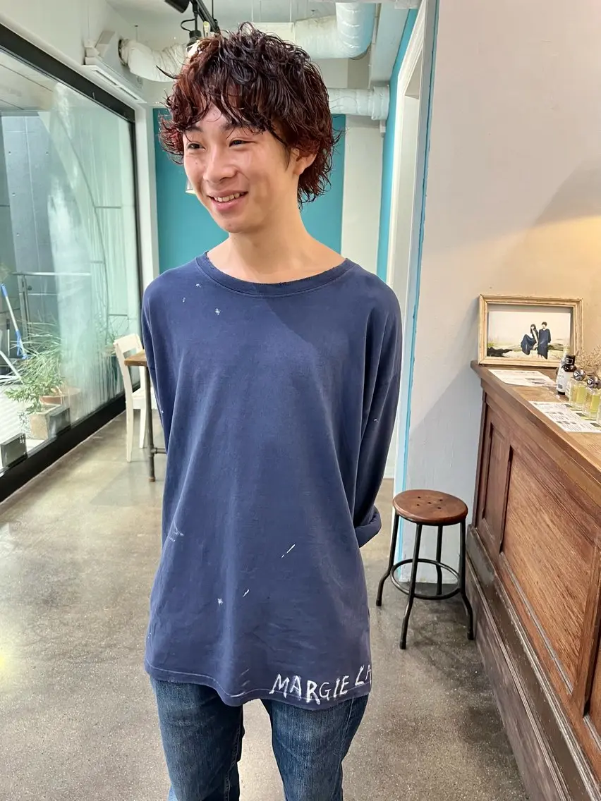 ショート メンズ メンズパーマ オレンジブラウン カット ヘアカラー パーマ 千葉 郁也のヘアスタイル