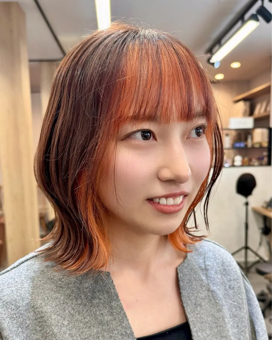 カラー ヘアアレンジ ブラウンカラー インナーカラー オレンジ オレンジブラウン ヘアカラー トリートメント 縮毛矯正/髪質改善 インナーカラーせいぎのヘアスタイル