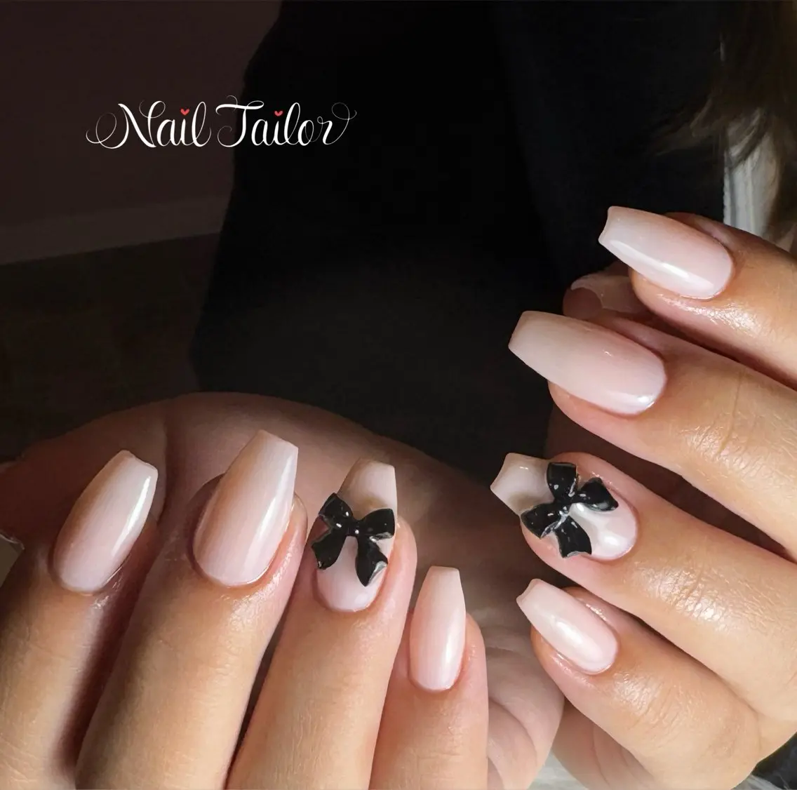 ネイル 長さ出し ワンカラーネイル ピンク リボン ハンドネイル NailTailor ネイルテイラーのネイルデザイン