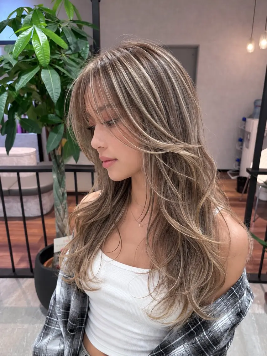 ロング 顔まわりレイヤー 外国人風カラー ハイライト レイヤーカット カット ヘアカラー トリートメント 海外風レイヤーカット 👑店長 平松 由のヘアスタイル