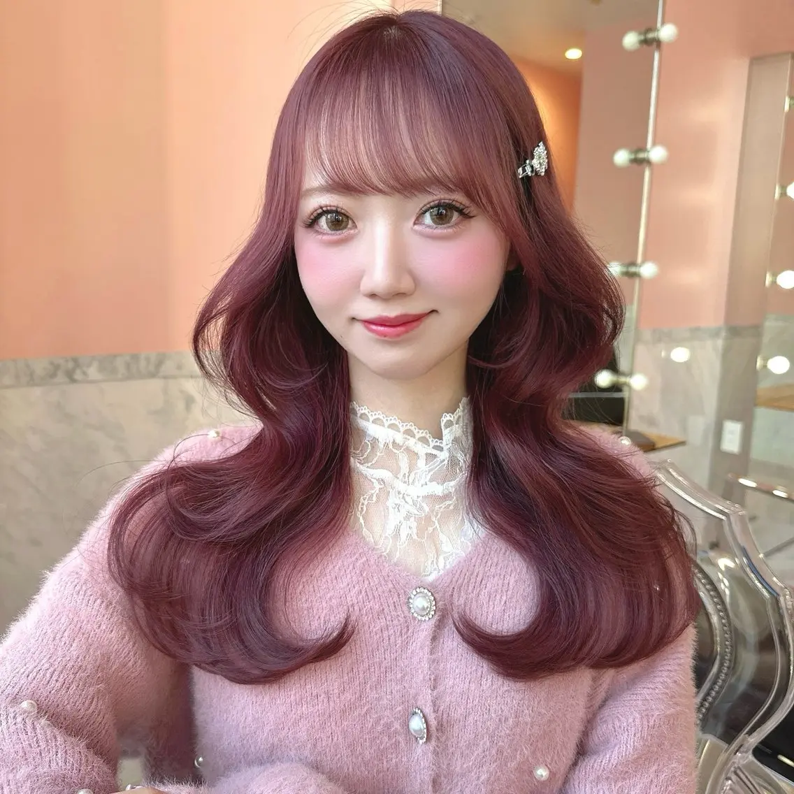セミロング カラー ブリーチ 透明感カラー ラベンダーカラー ブリーチなしカラー ピンクカラー 福岡 ルイのヘアスタイル