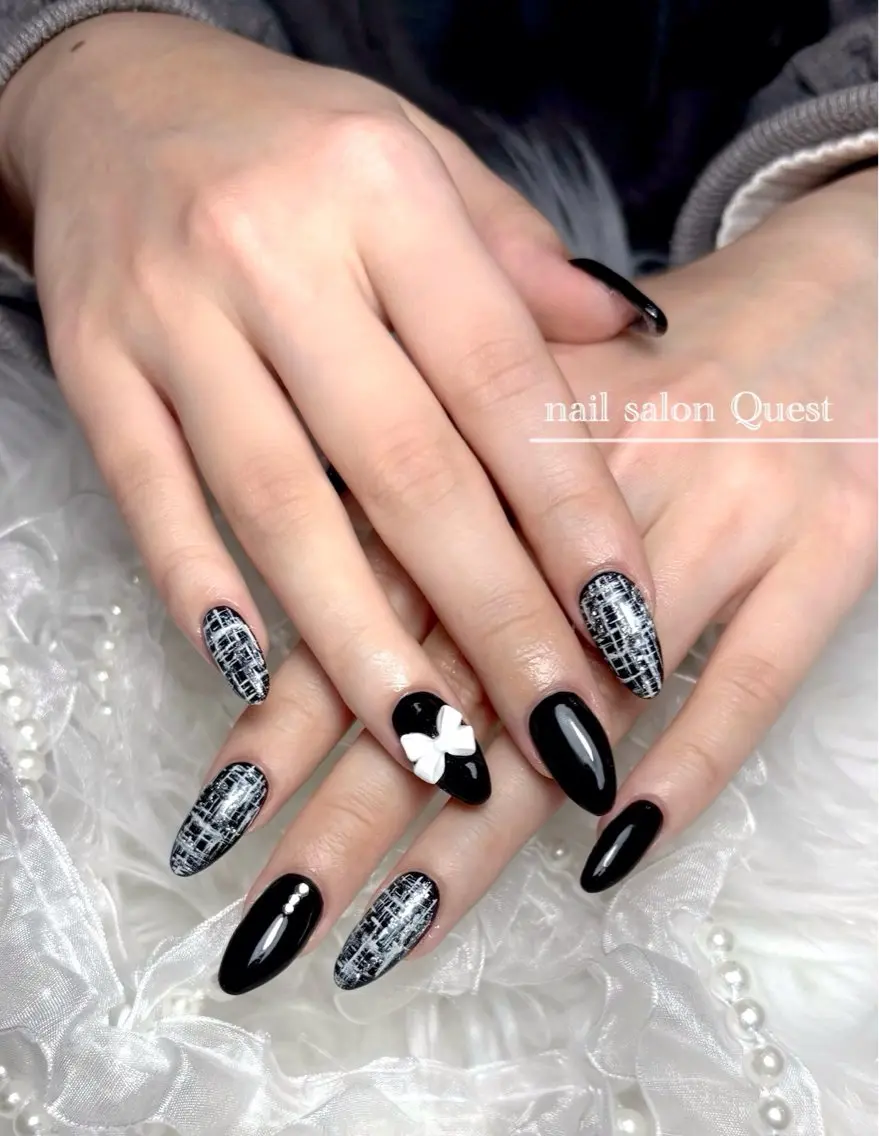 ネイル ガーリー リボン ツイードネイル nailsalon Questのネイルデザイン