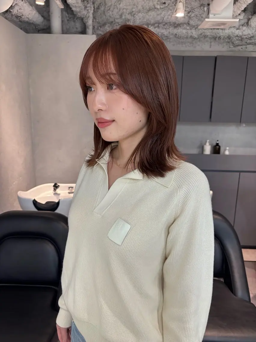 ミディアム カラー オレンジ ピンクカラー カット ヘアカラー トリートメント レイヤー/顔周り /AKARIのヘアスタイル