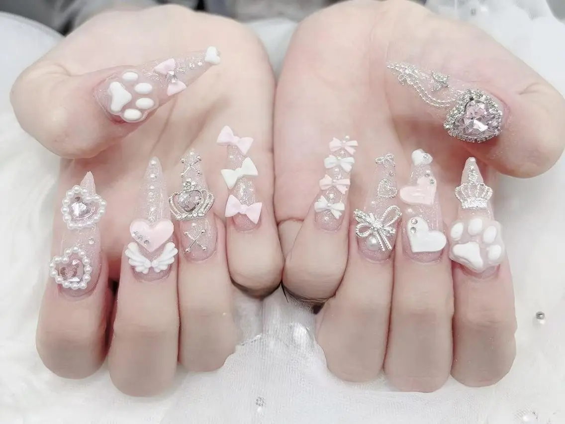 ネイル 成人式 ジェルネイル ハート ロングネイル マグネットネイル ハンドネイル K.bi_nail ネイル長さ出し専門店のネイルデザイン